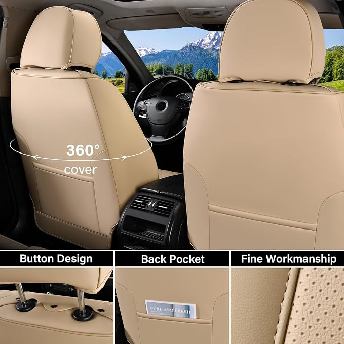Coverado Car Seat Covers Full Set, Seat Covers Waterproof, Nappa Leather Seat Covers for Cars, Front and Back Car Seat Protector, Breathable Seat Cushion, Seat Cover Universal Fit Most Cars(Beige) - Image 2
