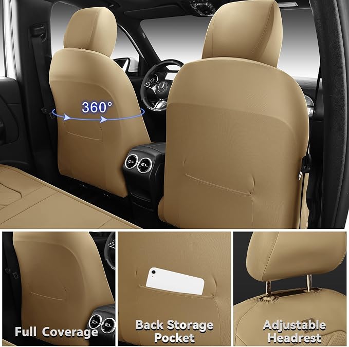 CAR PASS Luxury Nappa Leather Seat Covers Full Set, Water Resistant Faux Leather Seat Cover with Lumbar Support, Breathable Automotive Seat Covers Universal Fit for Sedan SUV Van Truck, Pure Beige - Image 3