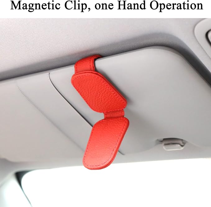 KIWEN Sunglasses Holders for Car Visor, Magnetic Leather Glasses Eyeglass Clip for Car, Ticket Card Clip Sunglasses Mount, Car Visor Accessories Gadgets (1, Red) - Image 5
