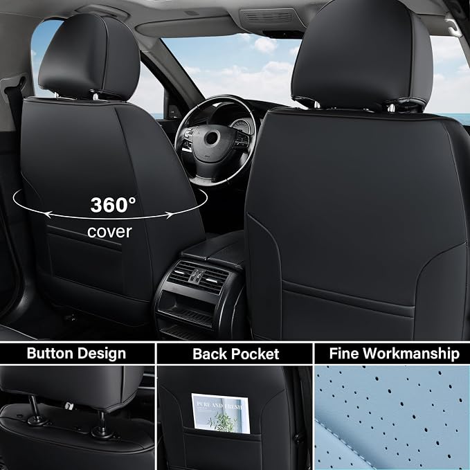 Coverado Car Seat Covers Front, Nappa Leather Seat Covers for Cars, Waterproof Seat Covers with Lumbar Support, Automotive Seat Covers Universal Fit for Most Cars SUV Trucks (Front, Black-Blue) - Image 2