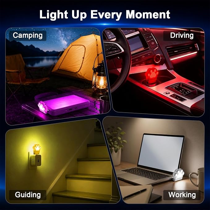 PIFOOG 2 Pcs Mini Car USB Night Light, Cat Paw RGB LED Interior Car Lights | 180° Foldable Dual-Sided Ambient Light, 7 Colors & Breathing, USB Decor Lamp for Car, Laptop & Bedroom, Gift for Cat Lovers - Image 6
