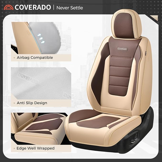 Coverado Car Seat Covers Front, Seat Covers for Cars, Waterproof 2-Pack Car Seat Cushions, Leather Carseat Seat Protectors, Universal Seat Covers Fit for Most Sedans SUV Pick-up Trucks(Beige&Coffee) - Image 7