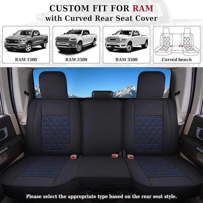 Coverado RAM Seat Cover Full Set, Leather Seat Covers Fit for Dodge RAM 1500, Truck Seat Covers Custom Fit for 2002-2026 Dodge RAM 1500 2500 3500 Crew Quad Cab with Curved Bench, Blue - Image 4