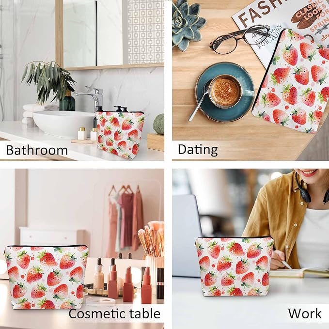 Strawberry Cosmetic Travel Bag For Toiletries, Summer Fruits Strawberry Red Makeup Bag Toiletry Bags For Women, Flax Cosmetic Bags Make Up Bag Purse Toiletries Bag Birthday Gift - Image 6