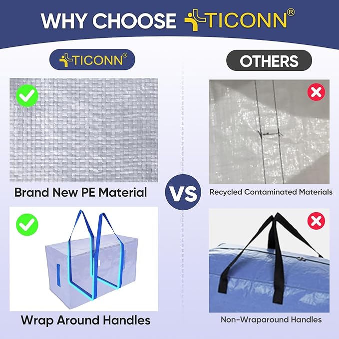 TICONN 6 Pack Extra Large Moving Bags Heavy Duty with Zippers & Carrying Handles, Durable Storage Bags Moving Boxes for Closet Organizers and Storage (6 Pack, Blue) - Image 6