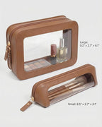 Clear Makeup Bag Set of 2 - Travel Toiletry Organizer for Women, Waterproof Cosmetic Pouch & Car Accessory for Travel Size Pencil Case Pouch Car Organizer and Storage (2Pack-Standard&Slim, Brown) - Image 5