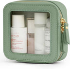 Small Clear Makeup Bag for Purse, Travel Cosmetic Case Green, Mini | Waterproof PU Leather, Square Make Up Pouch with Zipper, Tiny Sage Green Toiletry Organizer Bag Women Car Essential Bag by POPVIBE