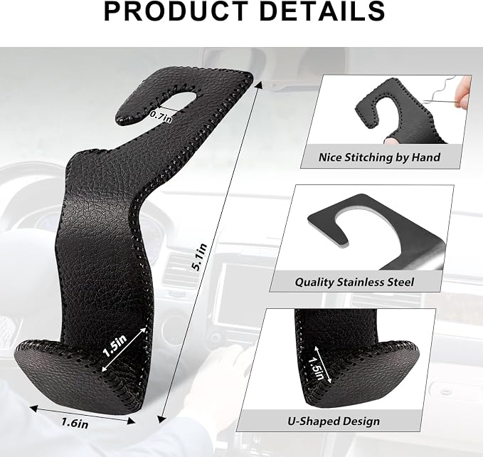 Car Headrest Hooks, 2 Pack Leather Car Purse Holder, Car Back Seat Organizer for Purse Coats Umbrellas Groceries - Image 4