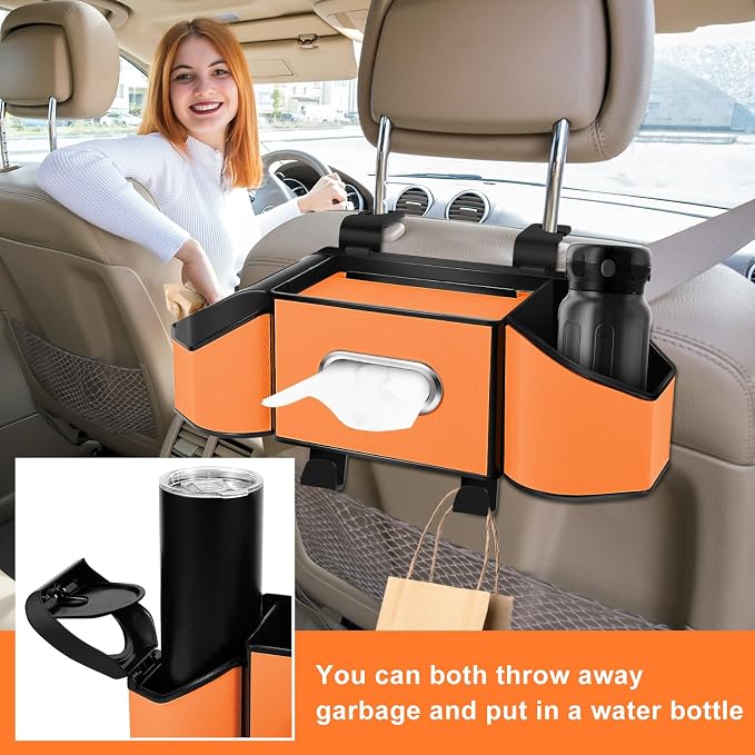 7-In-1 Car Seat Back Organizer with Cup Holders, Tissue Box, Garbage Can&Hooks, Multifunctional Headrest Storage Organizer, Headrest Cup Holder for Backseat, Car Accessories for Trips, Travels(Orange) - Image 5