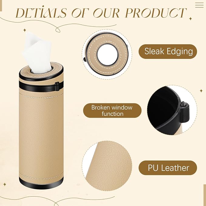 1 Pcs Car Tissues Cylinder Leather Round Container Car Tissues Holder with Tissue Paper with Window Breaker for Vehicle Bathroom Office(Beige) - Image 3