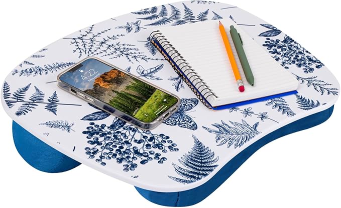 LAPGEAR MyStyle Lap Desk – Blue Garden, Fits 15.6” Laptops | Dual-Bolster Microbead Cushion, Built-In Carry Handle, Ergonomic Curved Front Edge by LapGear