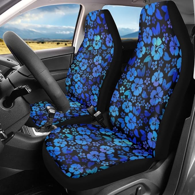 Hawaiian Hibiscus Front Seat Covers for Cars Trucks SUV Blue Floral Tropical Flower 2-Pack Car Seat Covers Auto Interior Covers for Truck Van SUV - Image 2