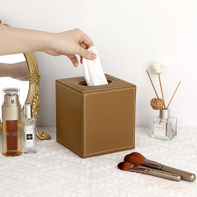 Sumnacon Square Tissue Box Cover,Magnetic Bottom PU Tissue Box Holder,Camel | Stylish Cube Leather Tissue Box Covers ,Decorative Tissue Box for Vanity Dresser Night Stand Table Countertop Home Office Car - Image 2