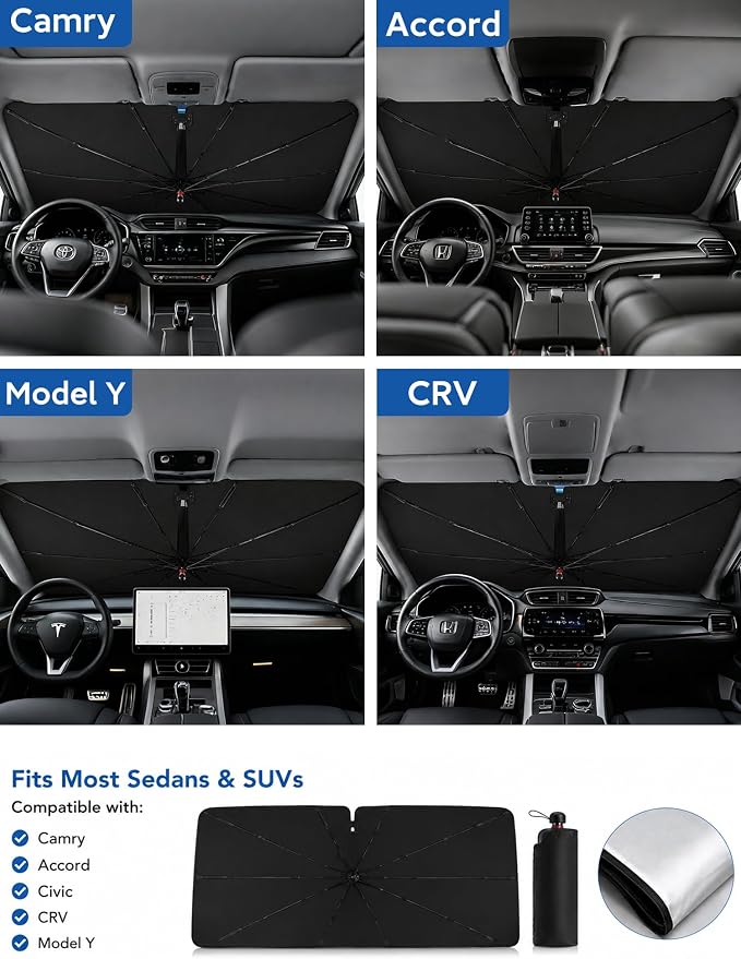 Windshield Sun Shade Umbrella for Car, Foldable Car Windshield Sunshade UV Block Heat Insulation, Fits Sedan SUV Truck, Compatible with Camry Accord Civic CRV Model Y Ideal Gifts for Men & Women - Image 3