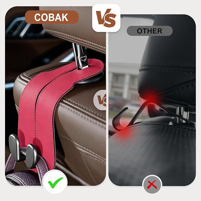 CoBak Purse Hook for Car - Universal Premium Stitched Leather and Aluminum-Magnesium Alloy Double Car Seat Back Storage Hook for Purses, Handbags, Bags (2 Pack),Raspberry - Image 2