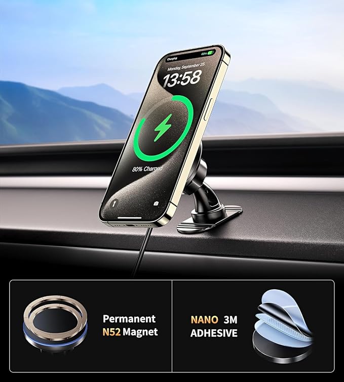 BHHB for iPhone 17 Magsafe Car Mount Charger, [2026 New] 15W 2in1 Magnetic Wireless Car Charger, fits for Magsafe Car Charger, Vent/Dashboard Phone Holder Mount for iPhone 17 16 15 14 13 12 Series - Image 6