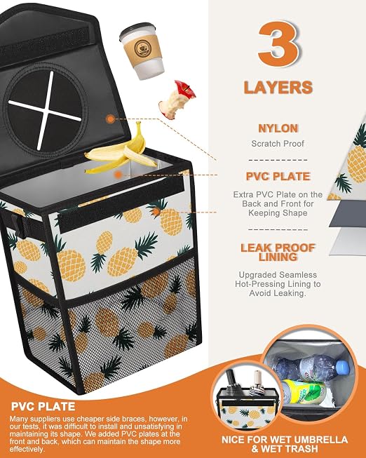 Pritent Car Trash Can with Lid Leakproof Car Garbage Bag Vehicle Trash Bin | Hanging Automotive Garbage Can,Multipurpose Car Accessories for Women Men Interior Car Storage Organizer(2.8 Gal,Pineapple) - Image 3