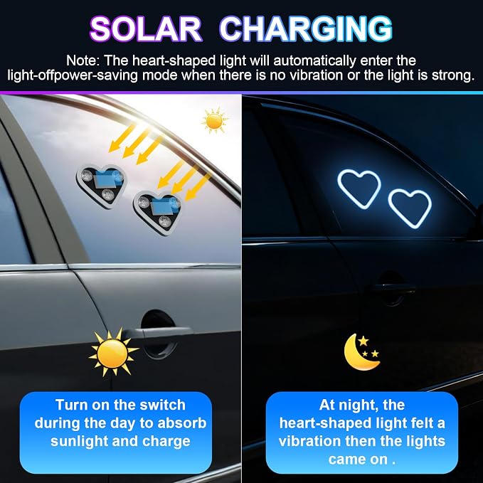 Heart-Shaped LED Neon Solar USB Rechargeable 2-Pack Blue Car | 40 High-Brightness Wireless Led Lights for Car, 5 Modes Suction Cups Easy Mount for Auto Interior Bedroom Decor Gift - Image 4