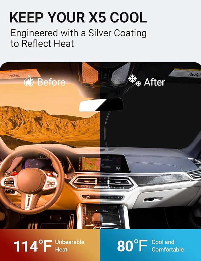 Proadsy Custom Fit 2019-2026 BMW X5 Windshield Sun Shade, Blocks Heat | 240T Heat Shield, Drops Temp 54°F, Blocks 99% UV, Prevents Dashboard Cracking, Summer Parking & Beach Trips, Easy Twist-Fold - Image 3