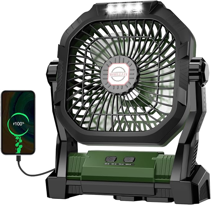 Camping Fan Rechargeable, 20000mAh Battery Powered Portable Fan with LED Light, 4-Speed 180° Adjustable, Camping Essentials for Tent, Travel, Car, Outdoor, Indoor, BBQ, Fishing, Jobsite - Green by Unknown