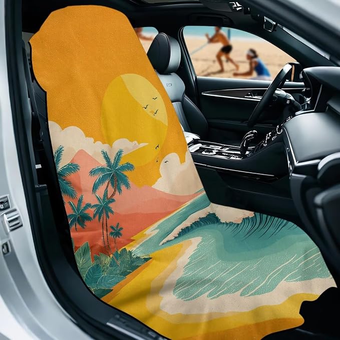 Sunset Palm Tree Car Towel Seat Cover Breathable Front Seat Towel Cover Removable Automotive Accessories Universal Fit for Car SUV Van - Image 2