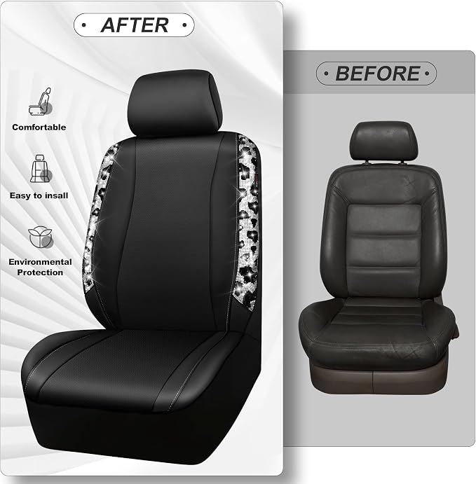 CAR PASS Cow Diamond Leather Bling Car Seat Covers Universal, Faux Shining Rhinestones Two Front only, Fit 95% Automotive Glitter Crystal Sparkle Strips for Cute Women Girl, 2PCS Cow Silver Diamond - Image 5