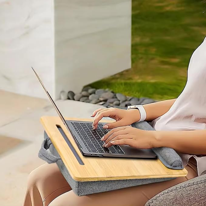 Bamboo Lap Desk for Laptop with Cushion Tablet Phone Holder Handle | Laptop Stand with Anti-Slip Strip Fits up to 15.6 inch Portable Computer Lap Desk for Couch, Bed & Car - Image 8