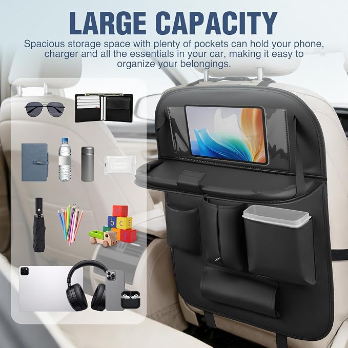 Nilight Car Seatback Organizer 2PCS Black PU Leather Universal | Foldable Tray Tablet Holder Tissue Box Removable Bucket Waterproof Storage Bag for Cars Vans SUVs MPVs Pickup Trucks - Image 4