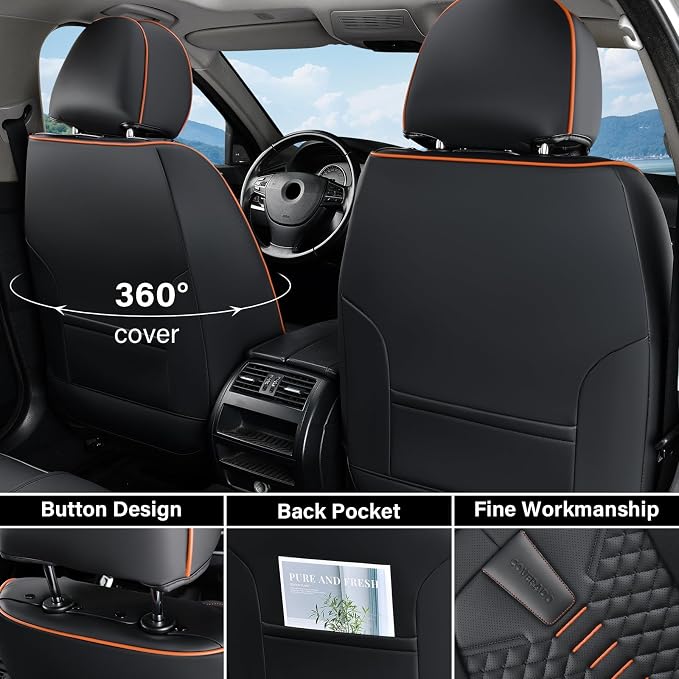 Coverado Automotive Seat Covers, Car Seat Covers Front Seats, Nappa Leather Black Orange Car Seat Cover, Waterproof Seat Cushion, 2 Pack Front Seat Covers Driver Seat Protector Fit for Most Cars SUV - Image 2