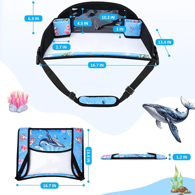 Toddler Car Seat Travel Tray FOR Road Trip Activities, Whale | Travel Tray With 16.7" x 13.4" Smooth Dry Erase Board, Cup holders, Ddjustable Strap & Shoulder Carry Strap - Image 7
