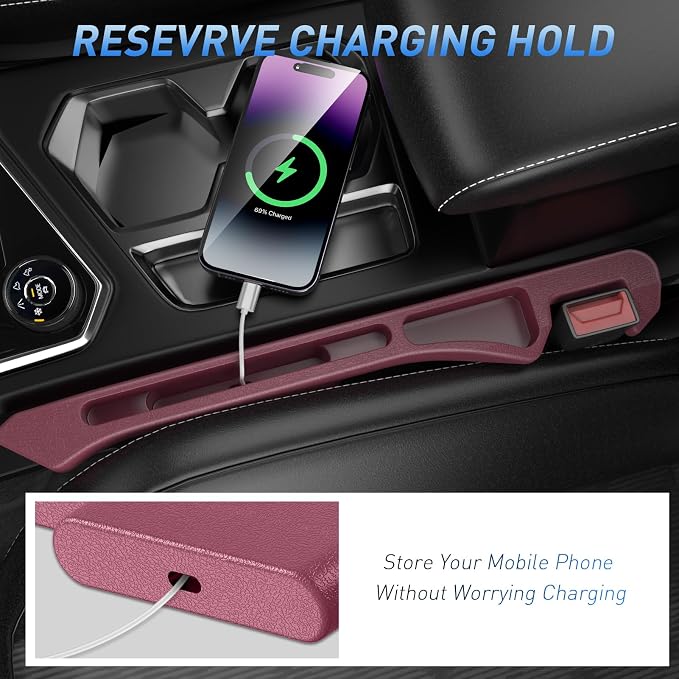 Car Seat Gap Filler 2Pack, Inserts Between Seats Console with Organizer Storage Upgraded Phone Holder Side Seat Gap Fillers Cars Front Seats Fill Plug Car Essentials for Vehicle SUV Truck (Wine Red) - Image 4