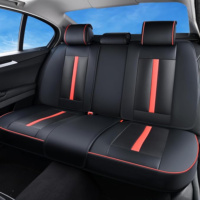 Huidasource Rear seat Cover Luxury Nappa Leather, Back seat Cover with Velcro Adjustable, Ventilation Holes, Seat Belts, Child Seats, Car Cover Seat Universal Fit for Most Cars SUV Trucks, Black＆Red by Huidasource