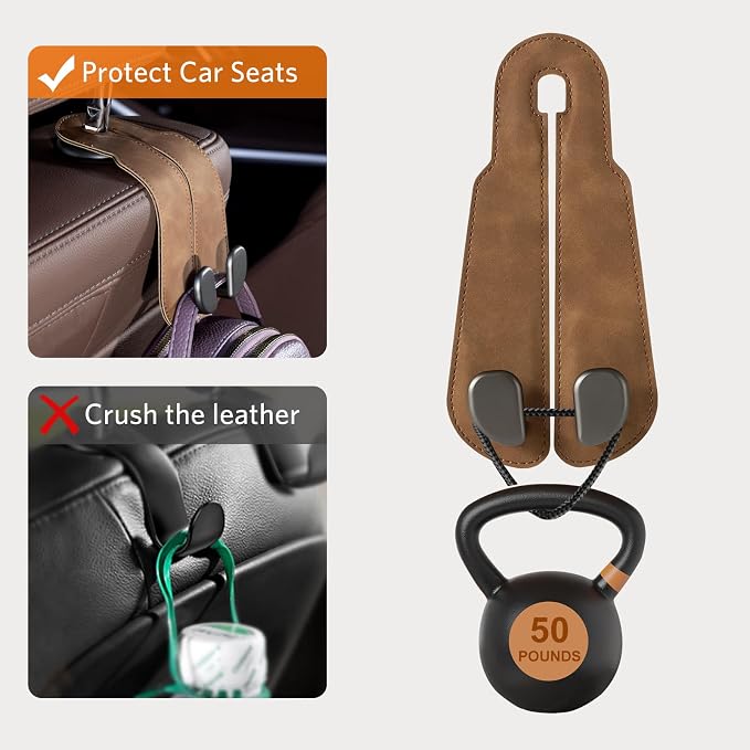 CoBak Purse Hook for Car - Universal Premium Stitched Leather and Aluminum-Magnesium Alloy Double Car Seat Back Storage Hook for Purses, Handbags, Bags (4 Pack),Brown - Image 5