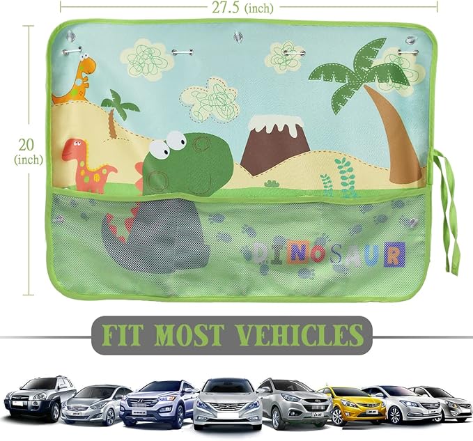 DIZA100 Car Window Shade for Baby, 2 Pack Car Sun Shades with Storage Pockets Car Window Curtain 7 Suction Cups Dinosaurs Pattern for Sun/Heat/UV Rays Protection - Image 5