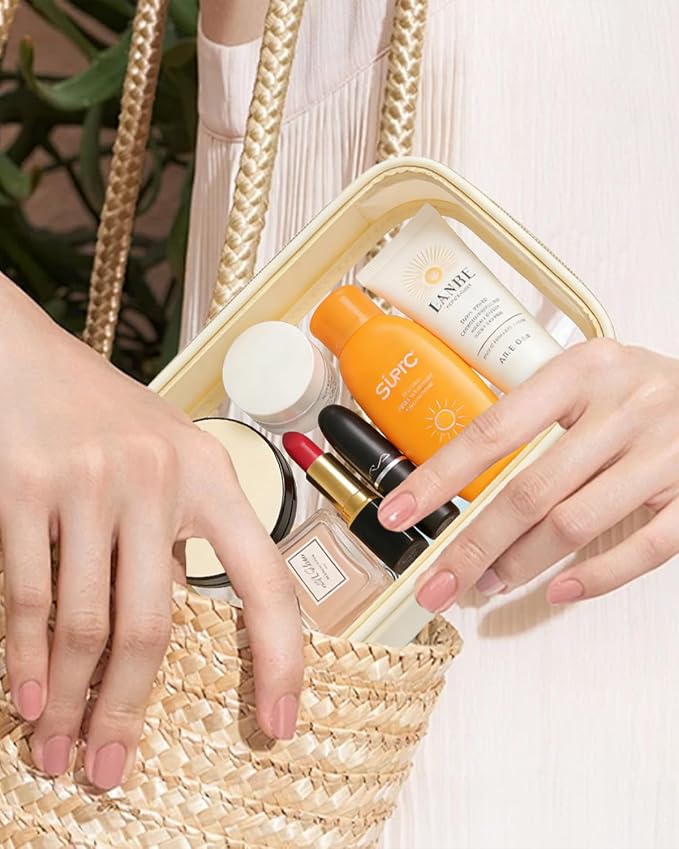 Travel Clear Makeup Bag Set for Women, 3 Pack Travel Size Toiletry Bag with Zipper Small Makeup Pouch for Purse Waterproof Portable Cosmetic Case Compact Car Organizer Storage Bag (Beige Set) - Image 3