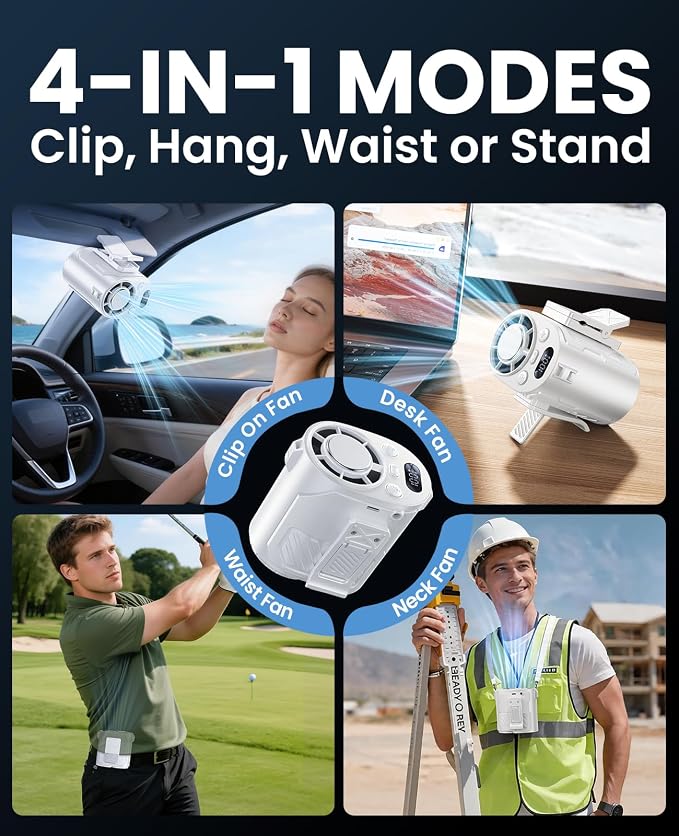 Portable Waist Fan with Ice Cooling, 4-in-1 Clip-On Fan for Car/Shirt/Belt, 16000RPM Strong Airflow, 12H Runtime, 100 Speed Settings, Wearable Fan for Outdoor Work Camping Travel White - Image 4