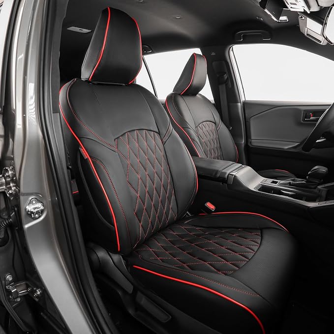 EKR Rav4 Seat Covers Custom Fit for Toyota Rav4 (Hybrid) LE/XLE Premium 2026, Leather Car Seat Cover Full Set for SUV,Faux Leather(Black with Red Piping) by EKR