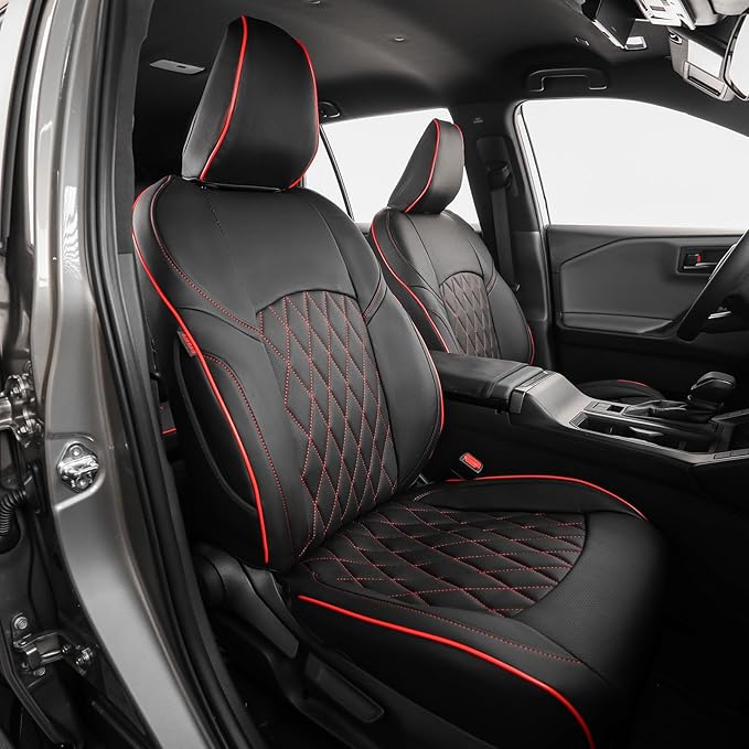EKR Rav4 Seat Covers Custom Fit for Toyota Rav4 (Hybrid) SE/XSE 2026, Car Seat Cover Full Set for SUV,Factory-Style Upgrade, Easy-Wipe Protection,Faux Leather(Black with Red Piping) by EKR