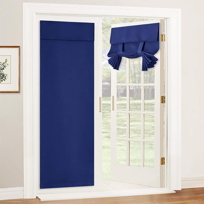 RYB HOME Blackout French Door Curtain, No Drill, W26 x L72, Blue, 1 Panel | Self Adhesive, Privacy, Thermal Insulated, For Patio Kitchen Front Entry Front Back Door Glass Window, Renter Friendly by RYBHOME