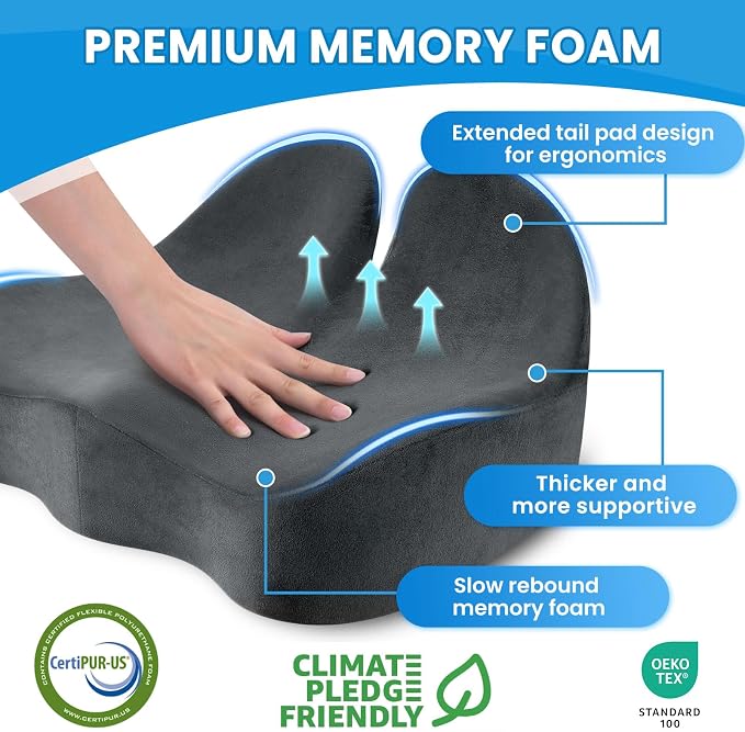 CushZone Ergonomic Seat Cushion, Sciatica Support for Office Chair, Grey | Large Size for Sciatica & Hip & Tailbone Pain Relief, Memory Foam Office Chair Cushion for Car, Long Trip, Desk Chair, Lab - Image 2