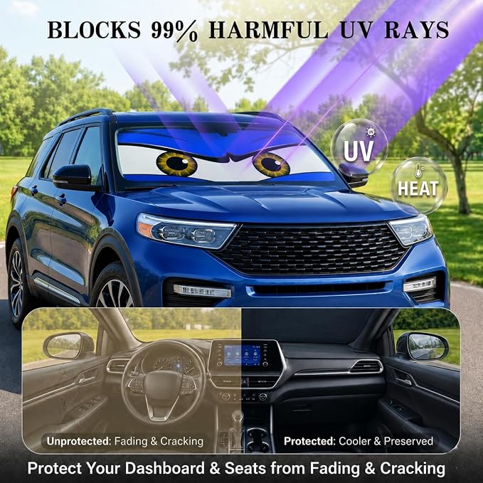 Car Windshield Sun Shade, Universal Fit Full-Size SUV Pickup, Monster Blue | 63 x 33.86" Large Foldable Windshield Cover, Foldable Front Window Sunshade, UV Heat Blocker, Cute Eyes Series - Image 3