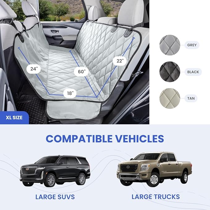 4Knines Heavy-Duty Rear Seat Cover for Dogs - Hammock, Grey XL | K9-Shield waterproof layer, non-slip backing, quick-release clips for easy install and cleanup. Machine washable. - Image 2