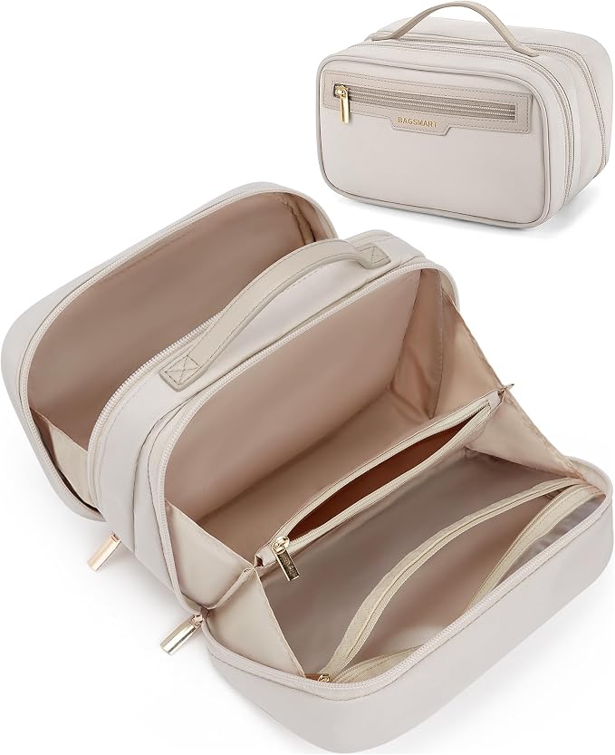 BAGSMART Travel Makeup Bag Large Capacity Cosmetic Bag, Wide-open Portable Make Up Bag Organizer for Women for Travel Essentials Travel-Size Toiletries Accessories Bottles, Brushes (Warm Gray) by BAGSMART