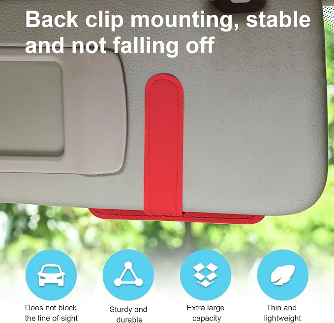 Dickno 2PCS Small Leather Car Sun Visor Organizer, Multifunctional Auto Visor Document Holder with Sunglasses Clip, Universal Car Interior Organizer for Drving License, Card, Pen (Red) - Image 5