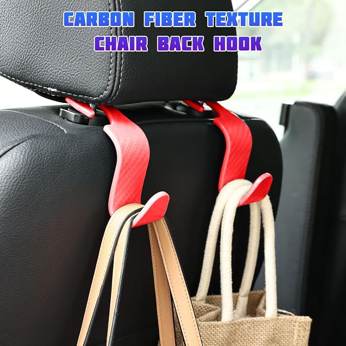 4 Pack 4.13 Inch Carbon Fiber Car Seat Headrest Hooks, Red | plastic body, supports up to 55 lb, tool-free post fit, rotates beneath headrest when idle, interior storage accessory - Image 2