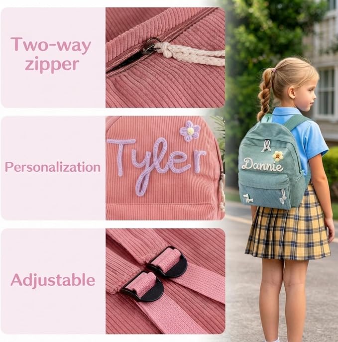 Custom Corduroy Backpack with Personalized Woven Name, Vintage Casual Daypack, Adjustable Strap Backpack for Commute Travel & Campus - Image 3