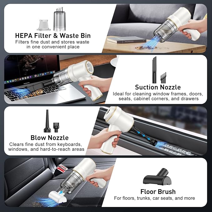 KMM Handheld Car Vacuum Cleaner, 9000PA Hand Held Vacuum & Air Duster | Strong Suction, 120W High Power, Portable, Cordless, Multi-Nozzles & LED Light, for Home, Car, Office - Image 5