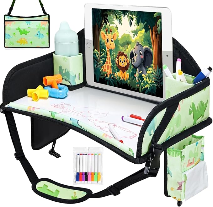 Kids Travel Tray for Toddler Car Seat, Road Trip Activities for Kid | Toddler Car Activities with iPad Holder Stand, Roadtrip Essentials with Dry Erase Board & Cooler Cup Holder, 2PC - Image 6