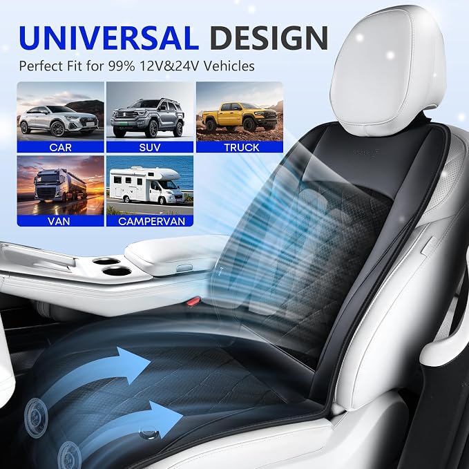 [2026 Upgrade] Cooling Car Seat Cover Ventilated Seat Cushion Summer Driving 12V-24V Ventilated Car Seat Cushion with 2 Powerful Turbo Fans with 3-Speed Adjustable Universal Fit Most Car-Slight Black - Image 4