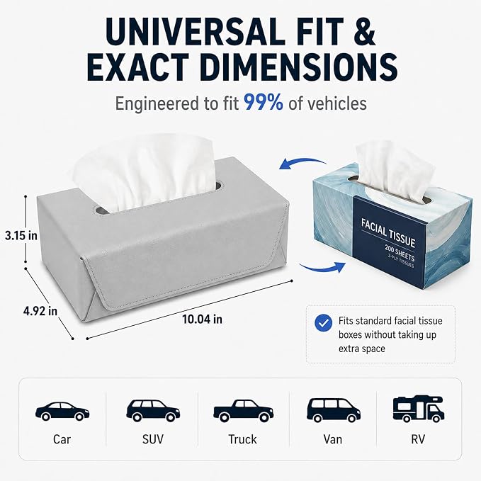 Car Tissue Holder with Magnetic & Strap Mount, Gray, 1 Pack | PU Faux Leather, For Sun Visor, Seat Back, Console, Refrigerator, Fits Standard Tissue Packs - Image 5